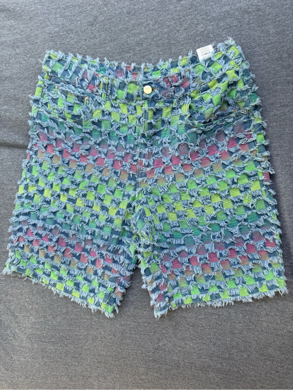 Manfinity Checkerboard Distressed Jacquard Raw Edge Shorts Green Blue Medium⁠